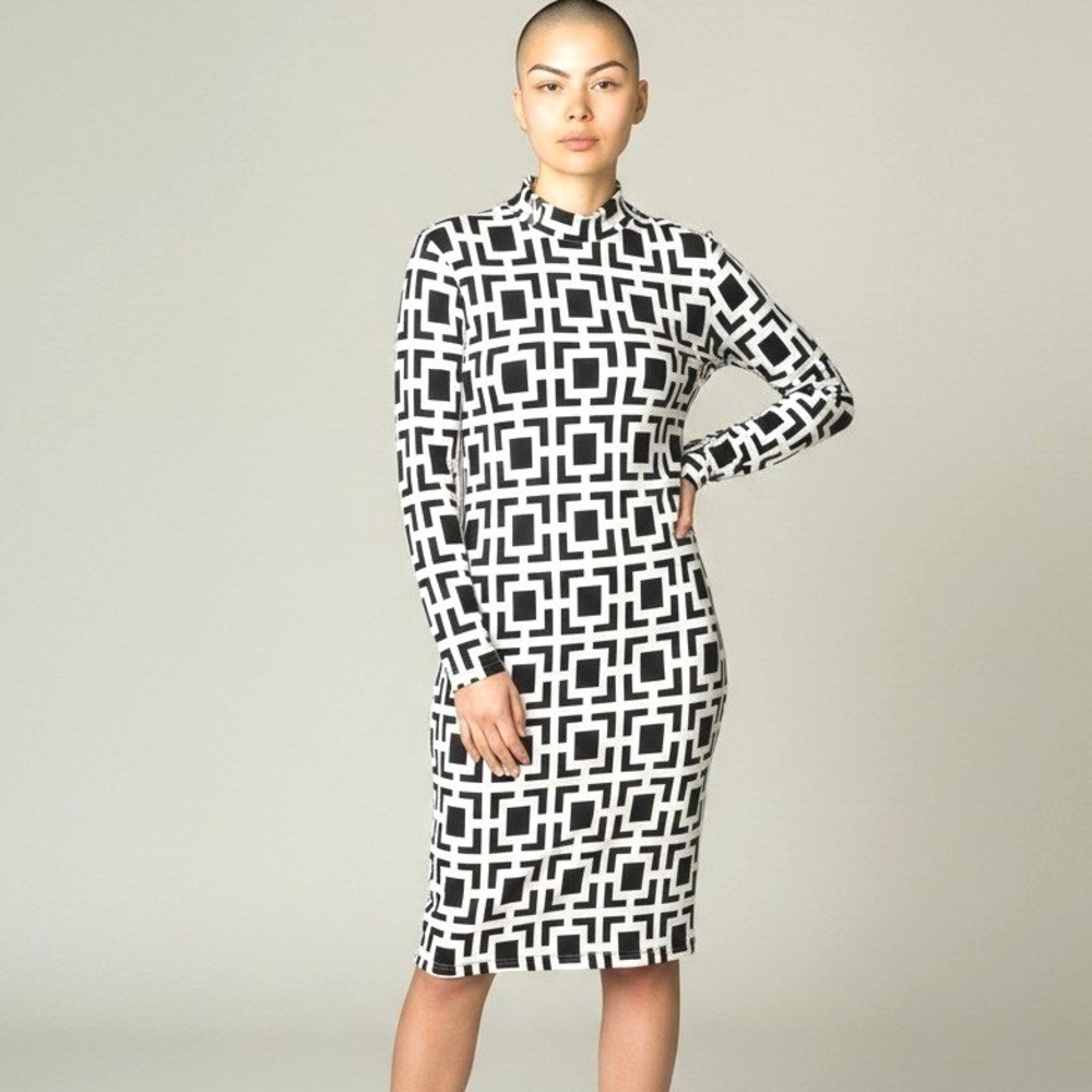 Two Hearts Womens 2X Geometric Square Print Mock Long Sleeve‎ Dress Black White